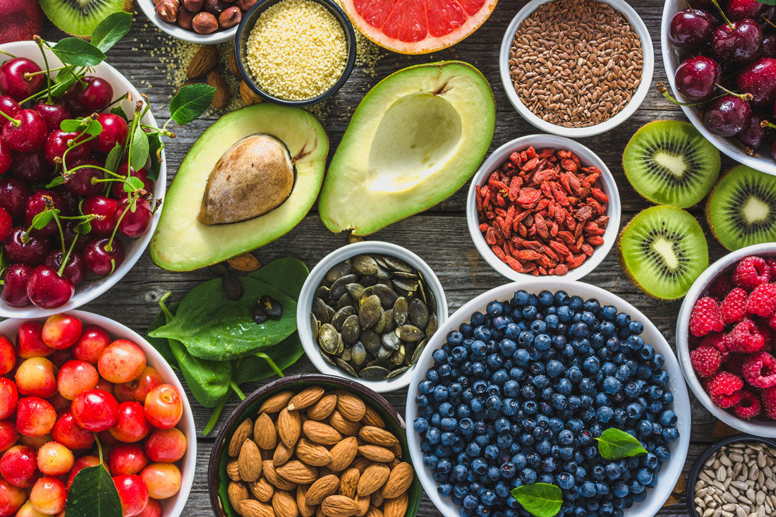 Fruits and grains on table BlueBiology