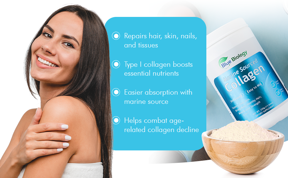 Repairs hair, skin nails and tissues. Type 1 collagen Boosts essential nutrients. Easier absorption with marine source. Helps combat age related collagen decline. Marine Collagen BlueBiology Powder 